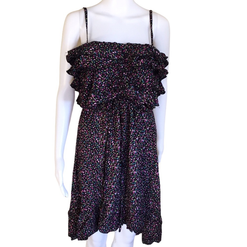NWT STUDIO SPA Confetti Print Sleeveless Dress W Tiered Ruffle Overlay Black L